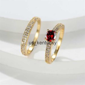 Band Rings Luxury Zircon Round Ring Set Gold Color Red Stone Wedding Rings For Women Couple Bridal Sets Female Engagement Ring Jewelry