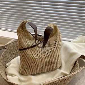 Evening Bags Straw Woven Bag Fashion Handmade Simple PU Stitching Hand-Woven Handbags Summer Large Capacity Elegant Casual Tote Purses