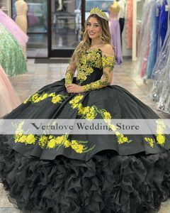 2023 Black Ball Hown Sweet 16 Quinceanera платья от плечевой рюша хрустальная вышивка кружево мексиканская vestidos de 15 вечеринка.