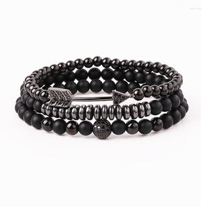 Strand Fashion Natural Stone Matte Onyx Cze Pave Arrow Ball Charm Beads Elastyczna bransoletka dla mężczyzn