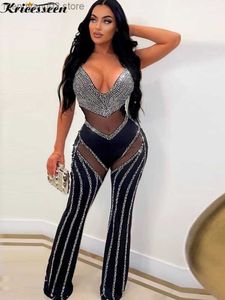 Women's Jumpsuits Rompers Kricesseen Sexy Black Crystal Mesh Patchwork Long Pant Jumpsuit Women Strap Deep V Neck See Throught Rompers Clubwear Outfits T230504