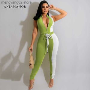 Kobiety Jumpsuits Rompers Fashion Sport One Piece Topit Colorblock Zip Up Mleevele BodyCon Skocz dla kobiet Przedmioty D44-DZ34 T230504