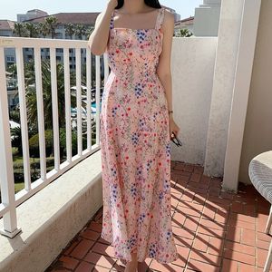Casual Dresses Sweet Romantic Print Chiffon Womens Light Summer Day Korean Pink Long Elegant Beach White 230504