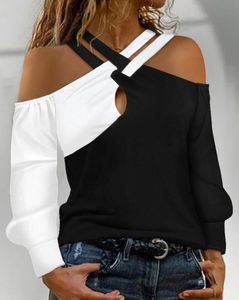 Camiseta feminina colorblock de cor cruzado de ombro frio de manga longa camiseta casual tshirts moda mulher deslumbra mulheres roupas roupas femininas 230503