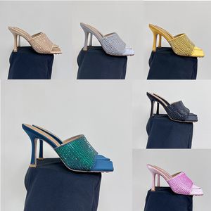 2023 Designer Pure color Square head Slides slippers Womens Luxury 100% leather rhinestone outdoor High heels Sandals ladys shallow mouth stiletto slipper shoes