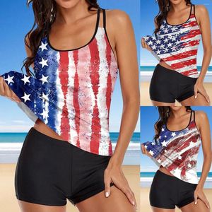 Badkläder självständighetsdag för kvinnors amerikanska 4 juli tryckta ryggstankini Set Two -Piece Pool Sexig Micro Bikinis