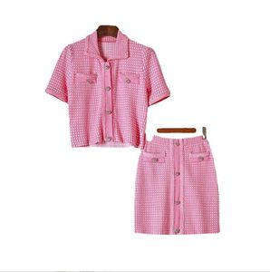 426 2023 Style Spring Summer Brand Same Style Two Pieces Sets Short Skirt Pink Lapel Neck Empire Short Sleeve Kint Dress OULAII