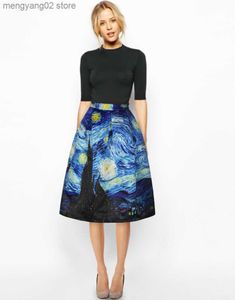 Two Piece Dress Woman A Line Skirt Van gogh Sky Printed Midi Waist Casual Knee Length Without lining S-4XL T230504