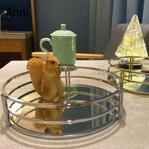 Ferramentas criatividade bandejas de anel dourado decorativo europeu moderno dourado mesa café desktop xícara chá vinho conjunto vidro espelho bandeja armazenamento