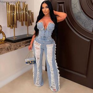 Women's Jumpsuits Rompers Vintage Hole Tassel Denim Jumpsuit Women 2023 New Fashion Sexy Off The Shoulder V Neck Rivet Club Party Romper Y2K One Pieces T230504