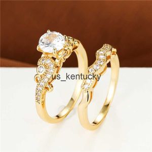 Band Rings White Crystal Zircon Engagement Rings Gold Color Wedding Ring Sets Classic Round Stone Ring Set For Women Jewelry