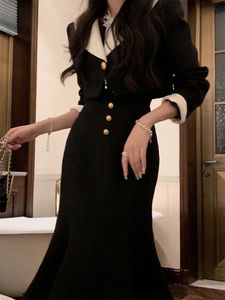 Dwuczęściowa sukienka elegancki w stylu koreański elegancki dwuczęściowy zestaw francuski guzik vintage midi spódnica samica czarna kurtka do mokree sexy fishtail spódnica 230504