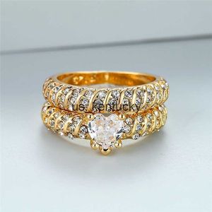 Bandringar White Heart Stone Double Rings Vintage Gold Color Wedding Ring Set Shining Rhinone Engagement Ring Set for Women Jewelry