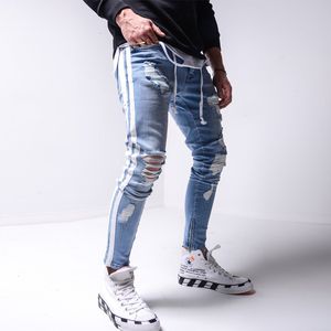 Jeans masculino jeans magro de jeans masculino calça lápis jeans lisados ​​listrados de listrado Hole Hip Hop Slim Fit Man Extady Jean Print 230503