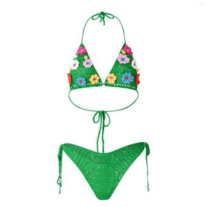 Kvinnors badkläder Green Knit Tvådelar Bikinis Set Women Sexig Applique Flower Halter Bh Topps Låg midja Thong Female Brasilian Biquinis