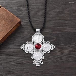 Colares pendentes de prata África da Etiópia Jóia Moeda de Pedra Vermelha para homens homens Copta Cross Casamento Bridal Party Gifts