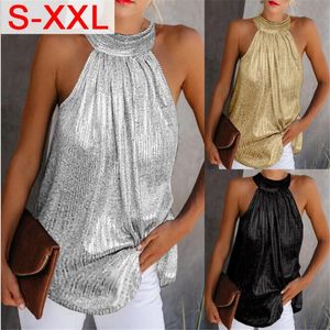 Camisoles Tanks Женская мода Shiny Halter Shece Tops Tops Vest Ladies Lummer Casual Color Color Frunte Blous