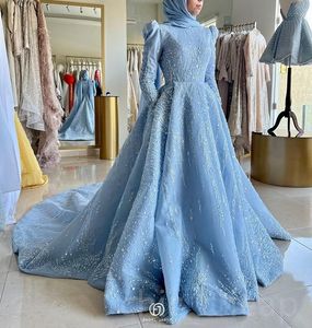 2023 April Aso Ebi Muslim A-line Prom Dress Sequined Lace Evening Formal Party Second Reception Birthday Engagement Gowns Dress Robe De Soiree ZJ674