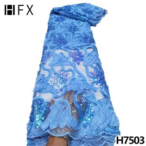 Tecido hfx power azul tecido de renda de lantejoulas melhor preço tecidos de renda africana sequência nigeriana tecido de renda para festa de casamento costura h7503