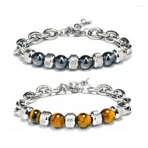 Charm Bracelets Titanium Steel Man Chakra Jewelry Wholesale Stainless Men's Black Volcanic Beaded Braclets Stone Cuff