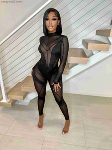 Kvinnors jumpsuits rompers ekoin stretch se genom ren mesh lapptäcke sexig jumpsuit mager bodycon fest nattklubb kläder romper streetwear t230504