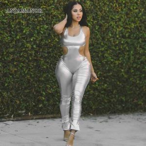 Women's Jumpsuits Rompers Sexy Club Outfits for Womens One Piece Jumpsuit Silver PU Leather Hollow Backless Halter Jumpsuits D16-DD22 T230504