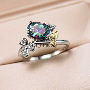 Pierścienie zespołowe kwiat kwiat weselny mistyczny Rainbow Fire Fire Oval Oval Pierścienie dla kobiet srebrny kolor obietnicę zaręczynowy pierścionka dziewczyny biżuteria