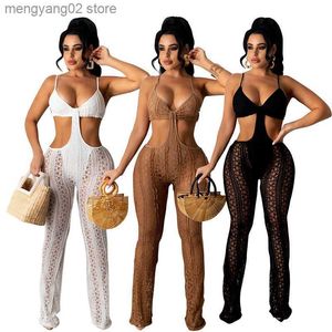 Kvinnors jumpsuits rompers Summer Fashion Women PlaySuit Lace Sexig Deep V Neck Spaghetti Strap Hollow Out Long Jumpsuits Nightclub Party Suit S-XXL T230504