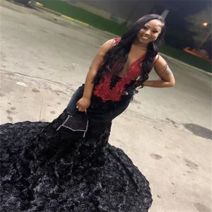 Unique Black Evening Dress With Rose Floral Bottom Sheer Neck Mermaid Black Girls Prom Dress With Feather Formal Occasion Party Vestidos De Fiesta Noche 2023 Abiye