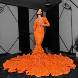 Maxi Orange Prom Dress For Black Girl Sequin African Women Pageant Party Gowns Long Sleeve Vestido De Graduacion