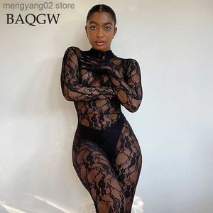 Kobiety Jumpsuits Rompers Seksowne koronkowe siatki kobiety zmysłowy kombinezon bodycon erotyczne puste wydanie na rozciąganie Slim Fit Night Party Club z rękawiczkami Zipper T230504