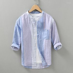 Freizeithemden für Herren, japanischer, minimalistischer Herren-Stehkragen, vertikaler Streifen, Leinen, dreiviertelärmeliges Hemd, Sommer, dünne Herren, reine Oberteile