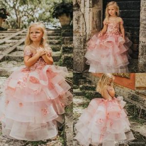 Pretty Pink Tiered Skirts Pageant Dress Princess Flowers Girls Dresses Appliques Short Sleeve Toddlers Kids First Communion Gown