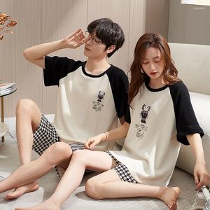 Men's Sleepwear Summer Couple Pajamas Sets Little Violent Bear Cotton Short Sleeve Men Korean Kawaii Patchwork Female Homewear