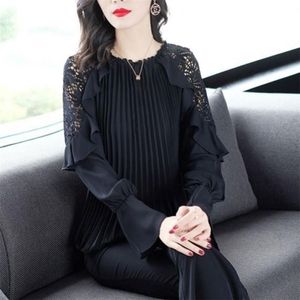 BLouse Fashion Spring Autumn Women Elegant Ruffle Chiffon Bluses Long Sleeve Oneck Embroidery Lace Splice Black Top Blusa MM1319