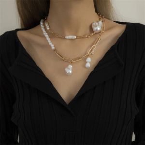 Vintage Baroque Pearl Pendant Necklace for Women Multi Layer Bead Chain Wedding Bridal NeckLaces Accessories Jewelry