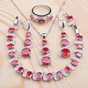 Set di orecchini per collana eleganti zirconi rossi per donna, braccialetto color argento, anello pendente, confezione regalo gratuita QS0140