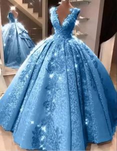 Abiti da ballo blu Abiti Quinceanera con scollo a V Applicazioni in pizzo Abiti da festa per ragazze 15 anni Corsetto sul retro