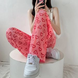 Women's Pants Capris Pink Hearts Pants Folds Casual Women Thin Summer Wide Leg Trousers OL Full Length Straight All-match Casual Pants 230503