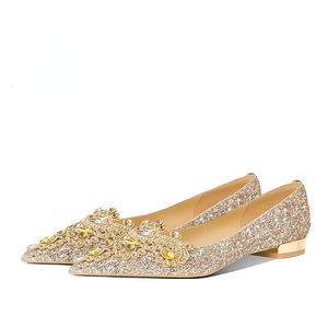 Scarpe eleganti con tacco basso Banchetto in cristallo con paillettes Matrimonio in oro a punta Donna Sposa Zapatos De Mujer 230503