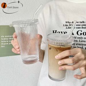 Water Bottles 375Ml Stripe Glass Cup with Lip Straw Japanese Style Cup Chic Milk Coffee Cups with Lid Tea Cup Wedding Gifts Dropship 230503