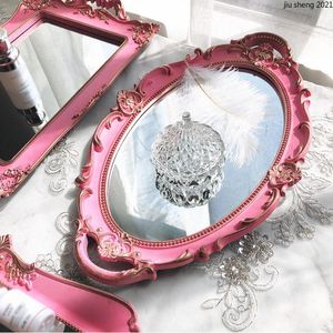 Necklaces French Retro Pink Mirror Tray Food Teacup Jewelry Necklace Storage Luxury Square Tray Home Decoration Wedding Photography Props