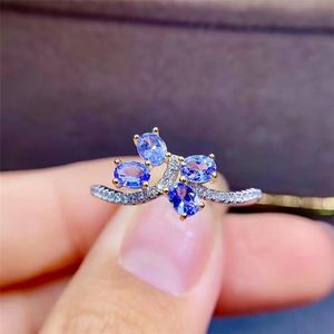 Cluster Rings Fashion Tanzanite Silver Ring 3 mm 4 Natural Vs for Girl Solid 925 Engagement Lady