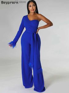 Kadın Tulumları Yükselen Zarif Kraliyet Mavi Tek Omuz Tüy Tulumları Kadın Bağlı Ön Bacaklar Tulumları Gece Kulübü Kıyafetleri T230504