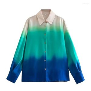Kvinnor BLOUSES 2023 Fashion Tie Dye Printed Women's Shirt Loose Silk Satin Texture Gradient Woman and Tops Lady Clothes