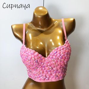 TシャツCupnayaピンククリスタル女性セクシーなスパンデックスクロップトップスパガッティストラップ内側のチューブカミソールコルセットブラレットシャイニークラブウェア