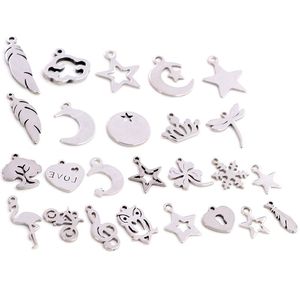 30pcs/lot No Fade Charms 316 Stainless Steel Feather Leaf Moon Star Heart For necklace pendant charms diy jewelry making Fashion JewelryCharms