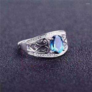 Pierścionki klastra Silver Natural Topaz Stone Pierścień dla kobiet imprezę zaręczynową /prezent Blue Fine Biżuteria