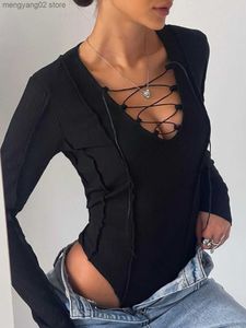 Women's Jumpsuits Rompers V-neck Lace Up Women Bodysuit Sexy One-piece 2023 Spring Fashion Stretchy Solid Color Long Sleeve Fishbone Girl T230504