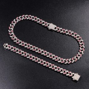 Chains Fashion Hip Hop Iced Out Pink Rhinestone Cuban Necklace For Women 13mm Silver Color Link Chain Men's Jewelry Gift